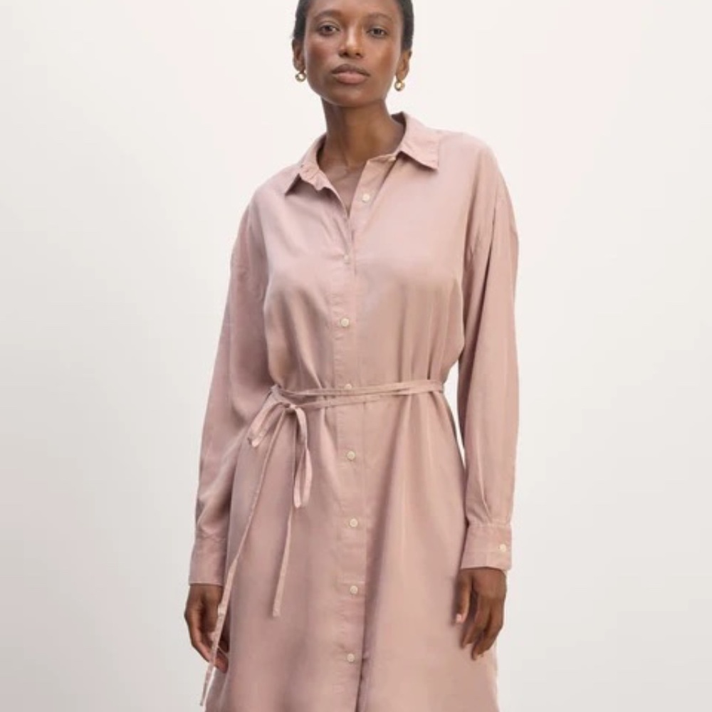 Everlane Tencel Shirt Dress Fawn Pink Long Sleeve Button Front Tie‎ Waist Medium